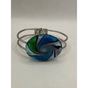 Boho Dichroic Glass Swirl Clamper Bracelet Iridescent Blue Green Silver Tone